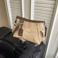 Retro kaki canvas schoudertas met bruine lederen bies en zijvak voor dames - Khaki