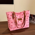 Bolso tote rosa de lona con estampado de cerezas y asas de cuero para uso diario - Rosa
