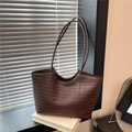 Minimalist deep brown woven leather tote bag with large capacity and slim shoulder straps - Brown