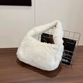 Winter plush white faux fur shoulder bag with soft texture and minimalist top handle - White