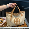 Chic beige tote bag with brown leather HB logo patch and adjustable crossbody strap - Khaki Brown