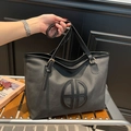 Minimalist dark gray tote bag with AB letter embossing and gold hardware detail - Grey Black