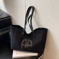 Grande borsa tote vintage nera con toppa in pelle AB e spalline sottili per uso quotidiano - Nero