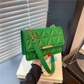 Green quilted small square bag with golden chain strap and metallic bar detail - Green
