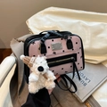 Pink polka dot backpack with plush bear charm and black leather trim accents - With Pendant / Pink