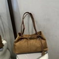 Brown frosted suede tote bag with decorative metal buckle strap and soft slouchy design - Brown
