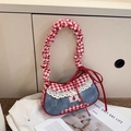 Denim patchwork underarm bag with red gingham patterns, lace trim, and cherry patch details - Red Plaid + Light Blue Denim