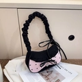Pink and black denim underarm bag with lace ruffles, bow tie and heart charm - Black Velvet + Pink