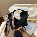 Black woven leather handbag with cute rabbit charm and adjustable shoulder strap - With Pendant / Black