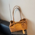Brown faux suede tote bag with slim shoulder straps and buckle detail for women - Brown