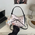 Pink pleated crossbody crescent bag with black bow and white plush bunny charm - With Pendant / Pink