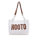 Bolso tote de felpa blanca con letras HOOTO de cuero marrón y correas de cadena plata - Blanco