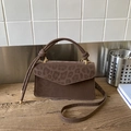 Brown leopard print handbag in faux suede finish with top handle and crossbody strap - Brown