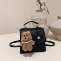 Black leather handbag with LNBOE print and a brown teddy bear charm pendant - With Pendant / Black