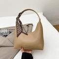 Khaki hobo bag with printed silk scarf handle and FASHION & BAGS LEATHER lettering - Khaki