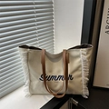 Sac fourre-tout en toile beige avec broderie Summer, franges blanches et anses en cuir - Blanc