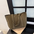 Olive green suede tote bag with silver studs and large capacity for daily use - Green