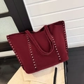 Large burgundy faux suede tote bag with silver rivet studs and twin shoulder straps - Red