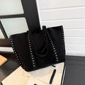 Large black suede tote bag with silver rivet studs and double shoulder straps - Black