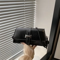 Retro black baguette shoulder bag with silver metal buckle and slim strap detail - Black