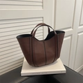 Minimalist dark brown leather bucket bag with vertical stitching and round handles - Brown