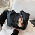 Chic black PU leather tote bag with bear charm for women daily business commute - With Pendant / Black
