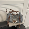 Vintage gray tote bag with leather handles and decorative pearl chain on books - Without Pendant / Blue
