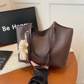 Dark brown large capacity tote bag in matte PU leather with plush bear and silk scarf - With Pendant / Brown