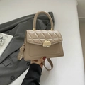 Beige quilted handbag with crocodile texture and golden clasp for women - Khaki