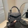 Dark grey frosted matte square handbag with V-flap and elegant knot handle detail - Black