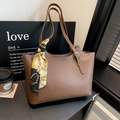 Brown vintage faux leather tote bag with white contrast stitching and a printed silk scarf - Brown