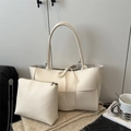 Cream-white woven tote bag set with small matching pouch and delicate tie strap detail - Shoulder Bag Set / White