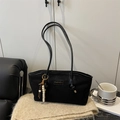 Large black canvas tote bag with FASHION leather patch and wooden bead charm decoration - With Pendant / Black