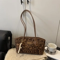 Leopard print tote bag for women with brown leather handles and beaded tassel charm - With Pendant / Leopard Print