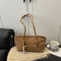 Brown frosted leather tote bag with wooden bead pendant and fashion metal plaque - With Pendant / Brown
