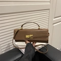 Brown crocodile embossed handbag with gold clasp and detachable shoulder strap - Khaki