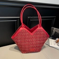 Large red tweed tote bag with gold thread patterns and leather handles for women - Red