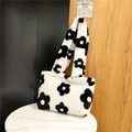 Bolso tote de felpa con diseño floral en blanco y negro para otoño e invierno - Blanco