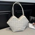 Elegante tweed shopper met V-hals in wit en goud met kunstlederen riemen en geweven textuur - Wit