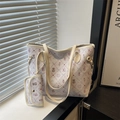 Cute off-white tote bag with cartoon bear and strawberry prints and matching coin purse - White