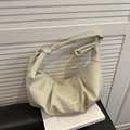 Chic pleated dumpling shoulder bag in beige lychee texture with wide strap - Beige