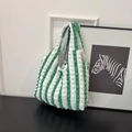 Large capacity tote bag with green and white striped pleated texture and bubble fabric - White and Green Contrast