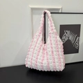 Pink and white striped pleated canvas tote bag featuring bubble texture surface - White and Pink Contrast