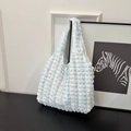 Blue and white striped seersucker tote bag with pleated texture and soft shoulder strap - Blue and White Contrast