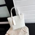 Chic white fuzzy sherpa fleece bucket tote bag with stylish synthetic leather handles - White