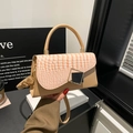 Minimalist square crossbody bag in khaki leather with pink crocodile pattern flap - Khaki
