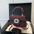 Brown suede crossbody bag with rhinestone buckle in premium gift box packaging - Brown