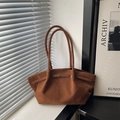 Brown frosted suede tote bag with golden buckle and slim straps for daily commuting - Brown