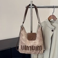 Retro Schultertasche aus Canvas mit Lederriemen und stilvoller Buchstaben-Stickerei - Grau