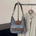 Schicke gewaschene Denim-Tragetasche mit braunen Lederdetails und großem Fassungsvermögen - Dunkelbraun